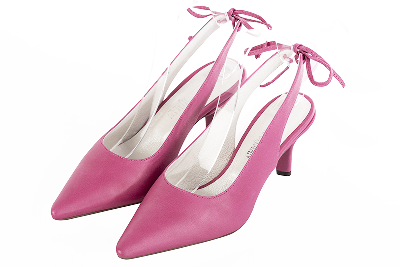 Fuschia pink women's slingback shoes. Pointed toe. Medium slim heel. Front view - Florence KOOIJMAN
